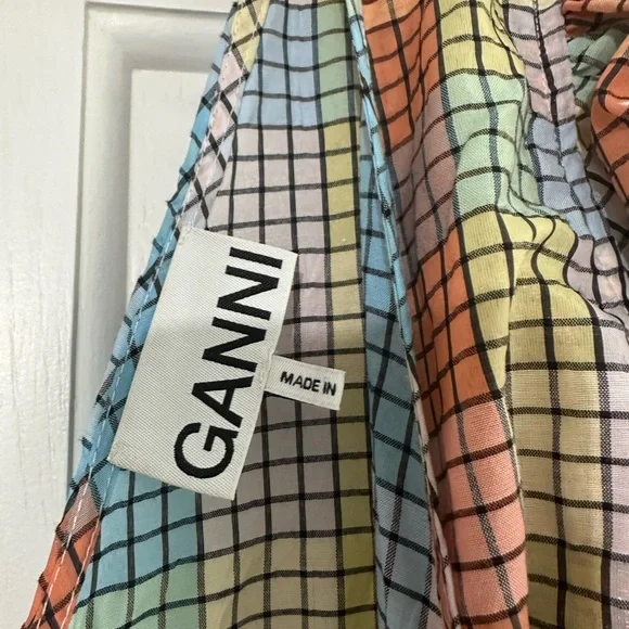 GANNI Seersucker Puff-Sleeve Dress - Picture 2 of 6